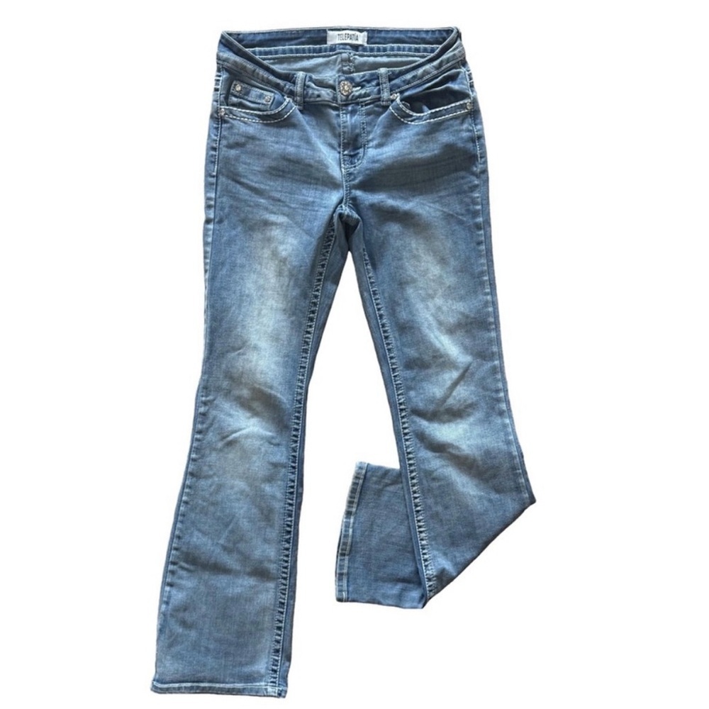 ✨ TELEPATIA Women’s Low-Rise Decorative Pocket Bootcut Jeans Size 27 ⭐